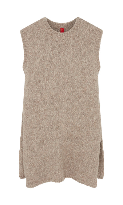 Plümo  Borwick Tunic: Sleeveless beige knit vest with crew neck and side slits—ideal for winter layering.