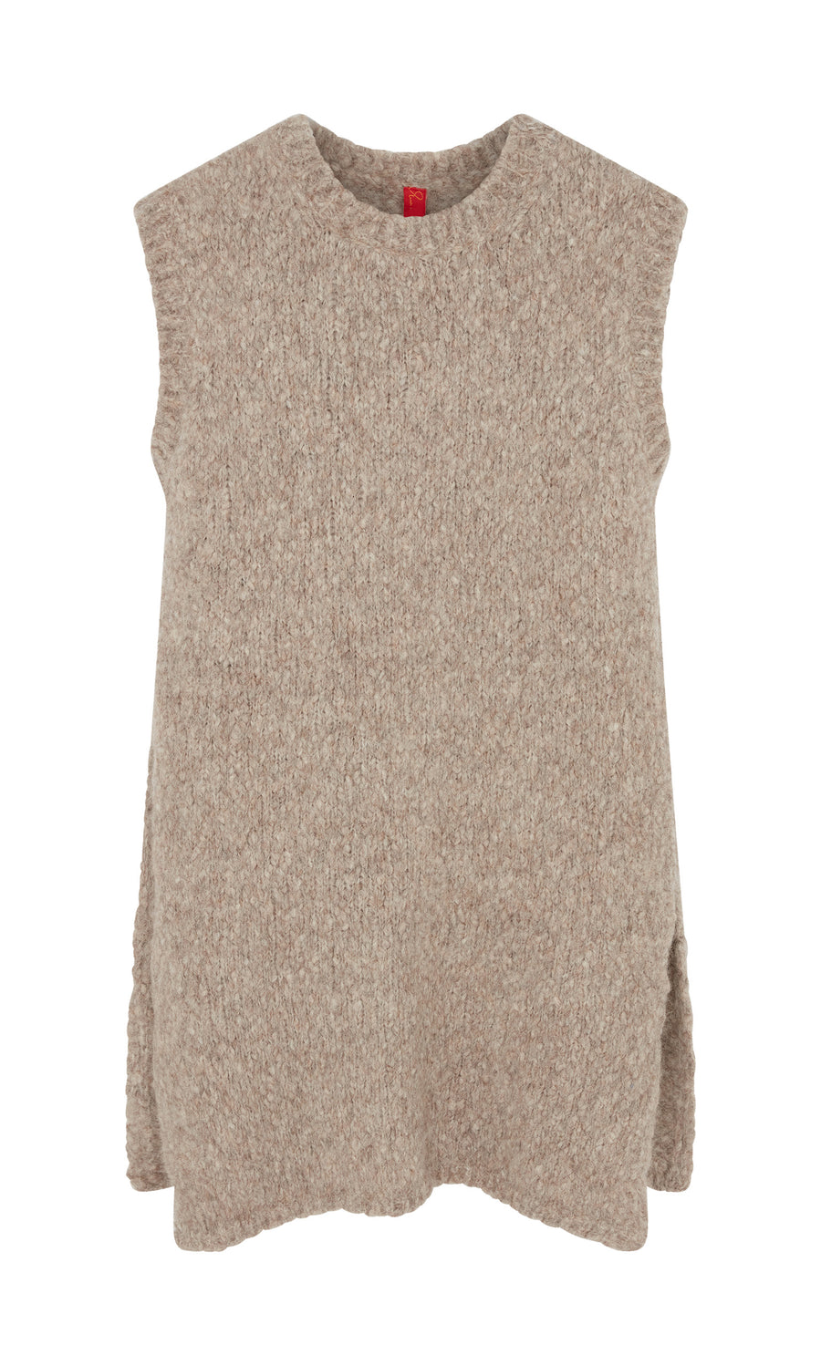 Plümo  Borwick Tunic: Sleeveless beige knit vest with crew neck and side slits—ideal for winter layering.