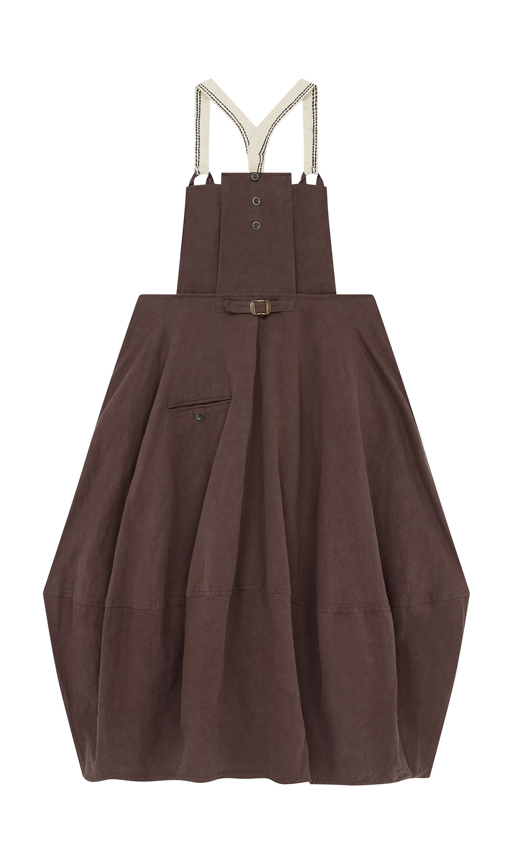Plümo  Ingham Dungaree Dress: brown mulberry, cream straps, Swedish design, front buttons, shown on white background.