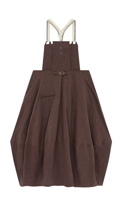 Plümo  Ingham Dungaree Dress: brown mulberry, cream straps, Swedish design, front buttons, shown on white background.