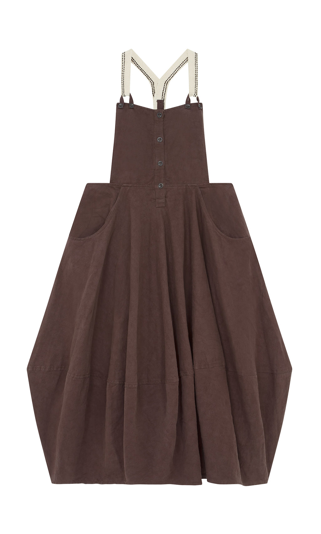 Plümo  Ingham Dungaree Dress: flared brown skirt, big pockets, front buttons, cream straps, classic Swedish style.