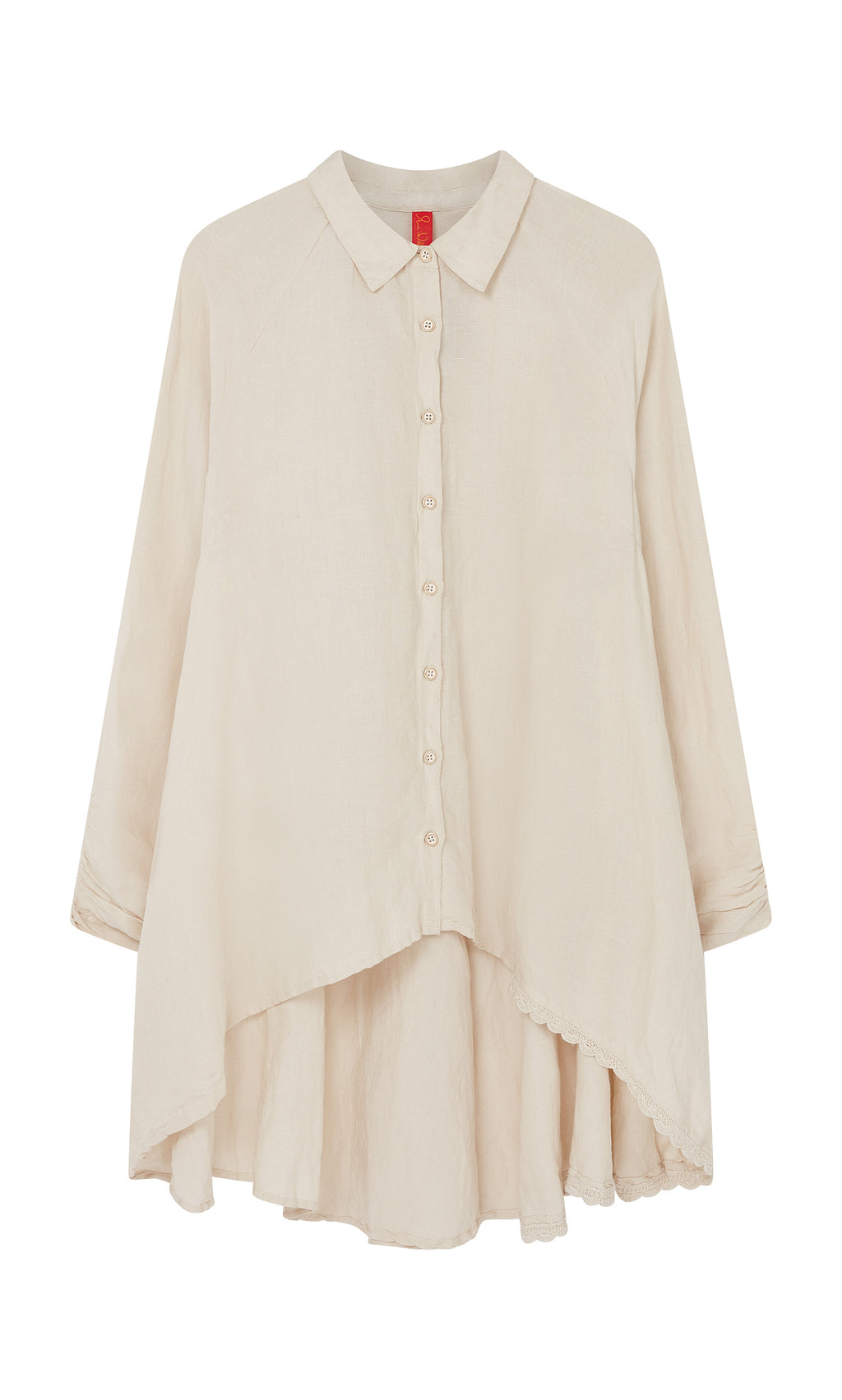 Plümo  Beeson Shirt - Oat: cream linen, long sleeves, crochet lace details, pointed collar, asymmetric hem.