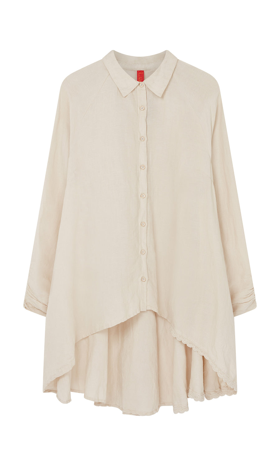Plümo  Beeson Shirt - Oat: cream linen, long sleeves, crochet lace details, pointed collar, asymmetric hem.