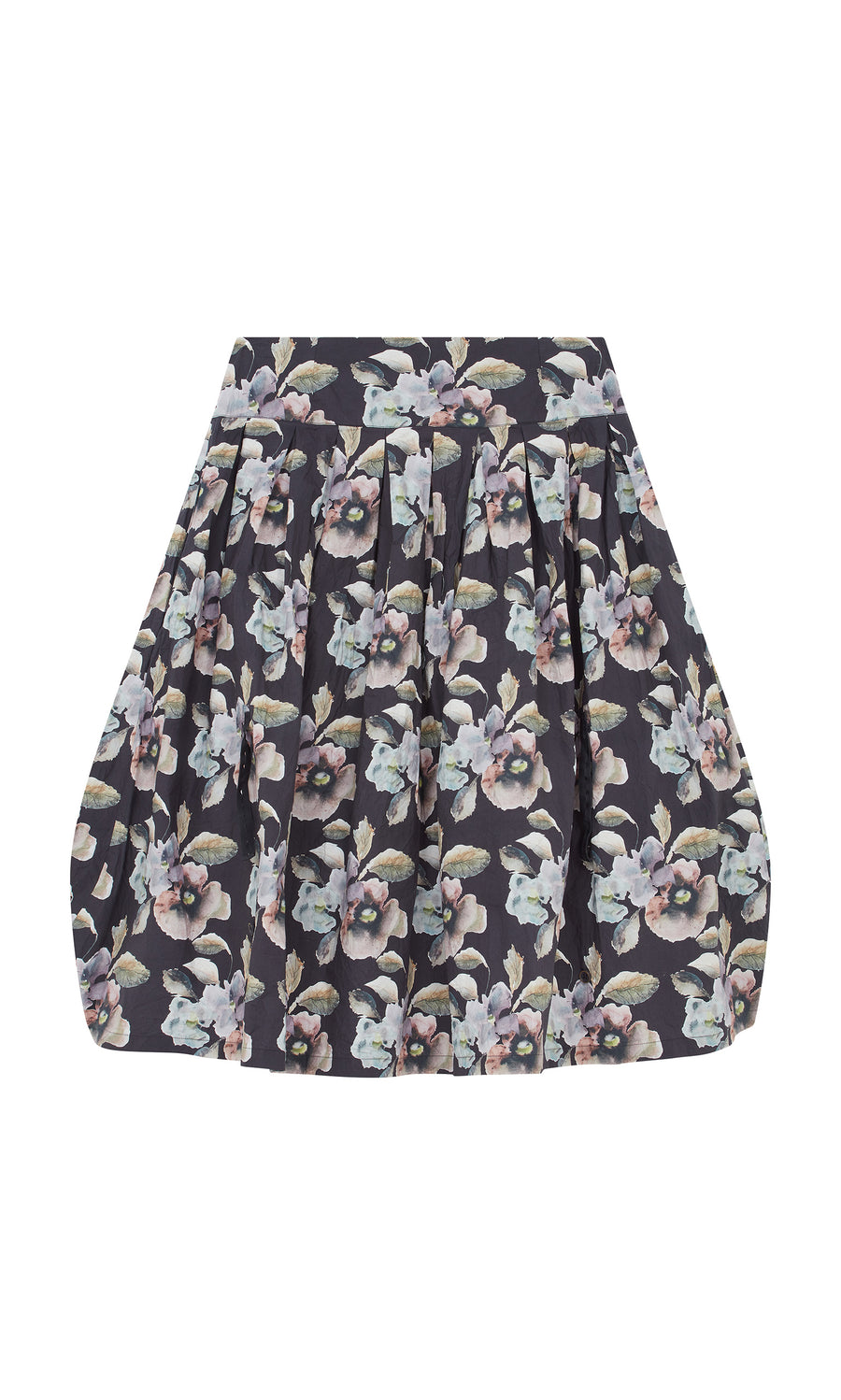 Plümo  The Pugh Flower Skirt is a short, pleated skirt with a dark base and an all-over delicate pastel floral pattern.