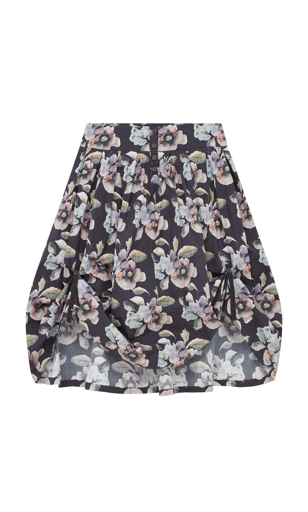 Plümo  The Pugh Flower Skirt is a pleated midi with buttons, featuring pastel florals on a dark base for timeless charm.