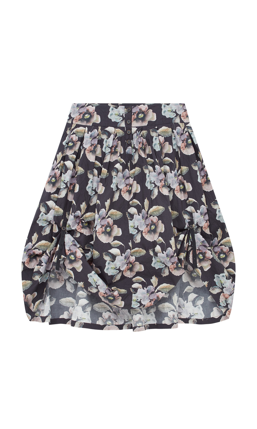 Plümo  The Pugh Flower Skirt is a pleated midi with buttons, featuring pastel florals on a dark base for timeless charm.