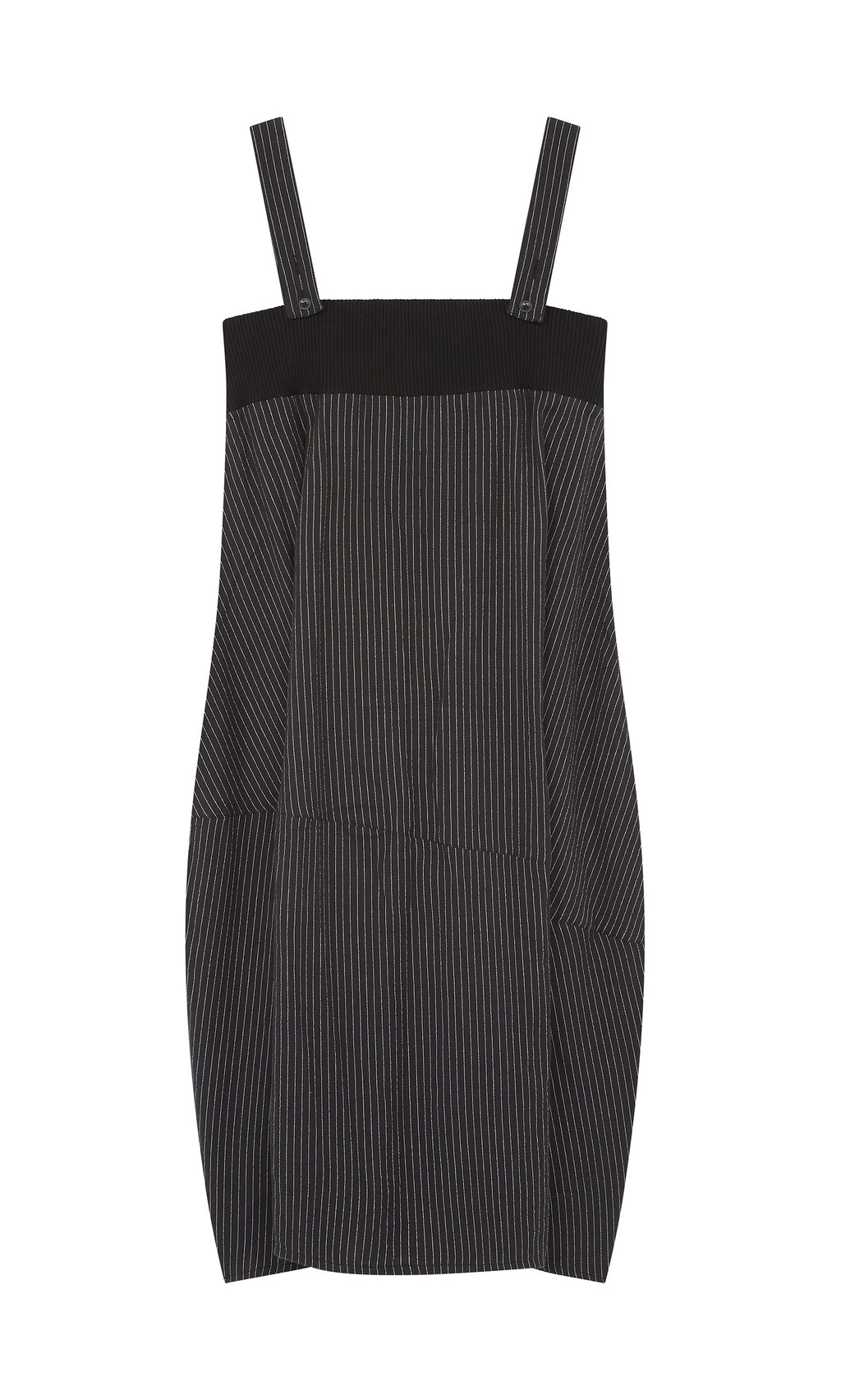 Plümo  Pinstripe Dungaree Dress with wide, adjustable straps and thin white stripes, shown flat on a white background.