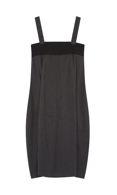 Plümo  Pinstripe Dungaree Dress with wide, adjustable straps and thin white stripes, shown flat on a white background.