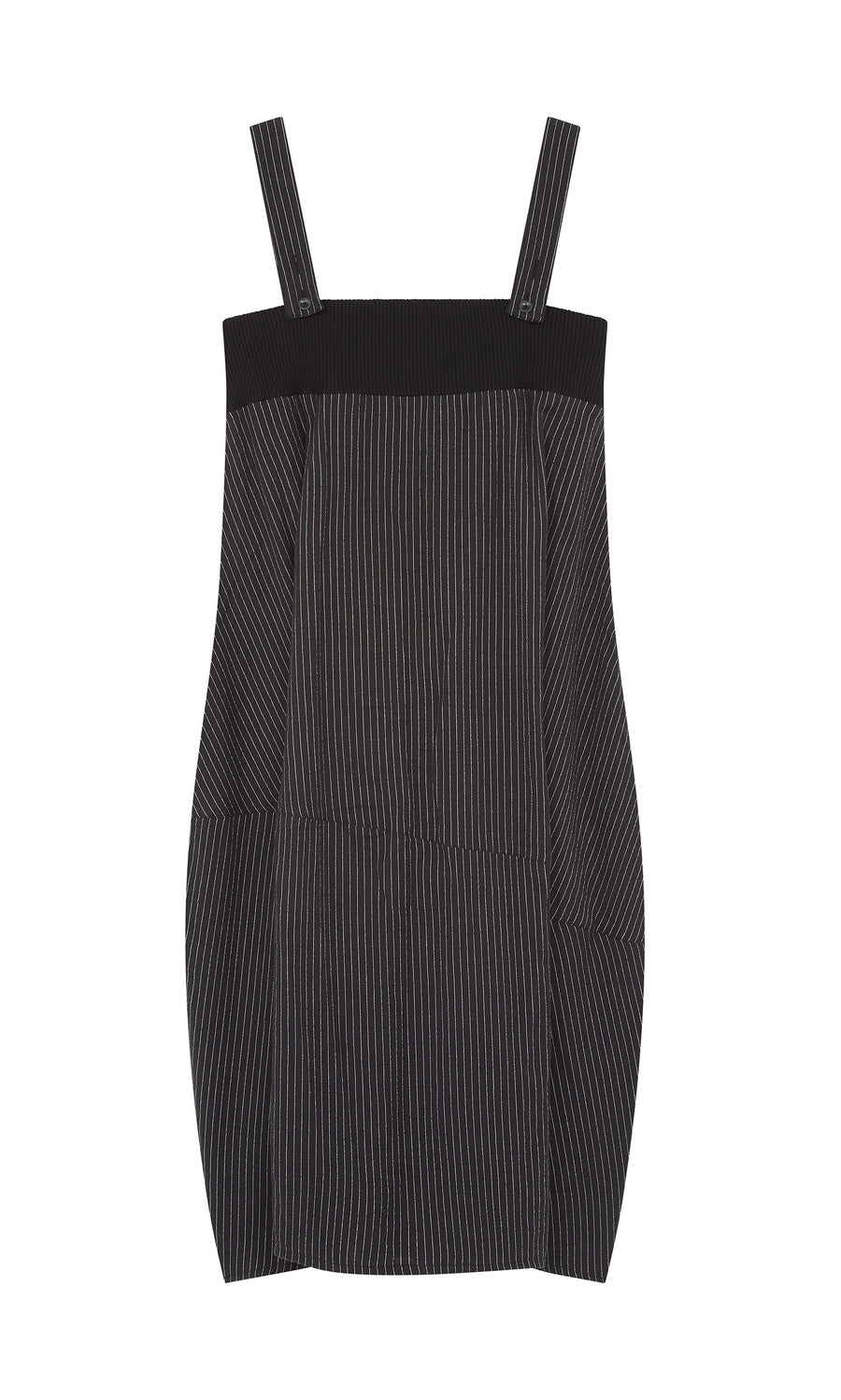 Plümo  Pinstripe Dungaree Dress with wide, adjustable straps and thin white stripes, shown flat on a white background.