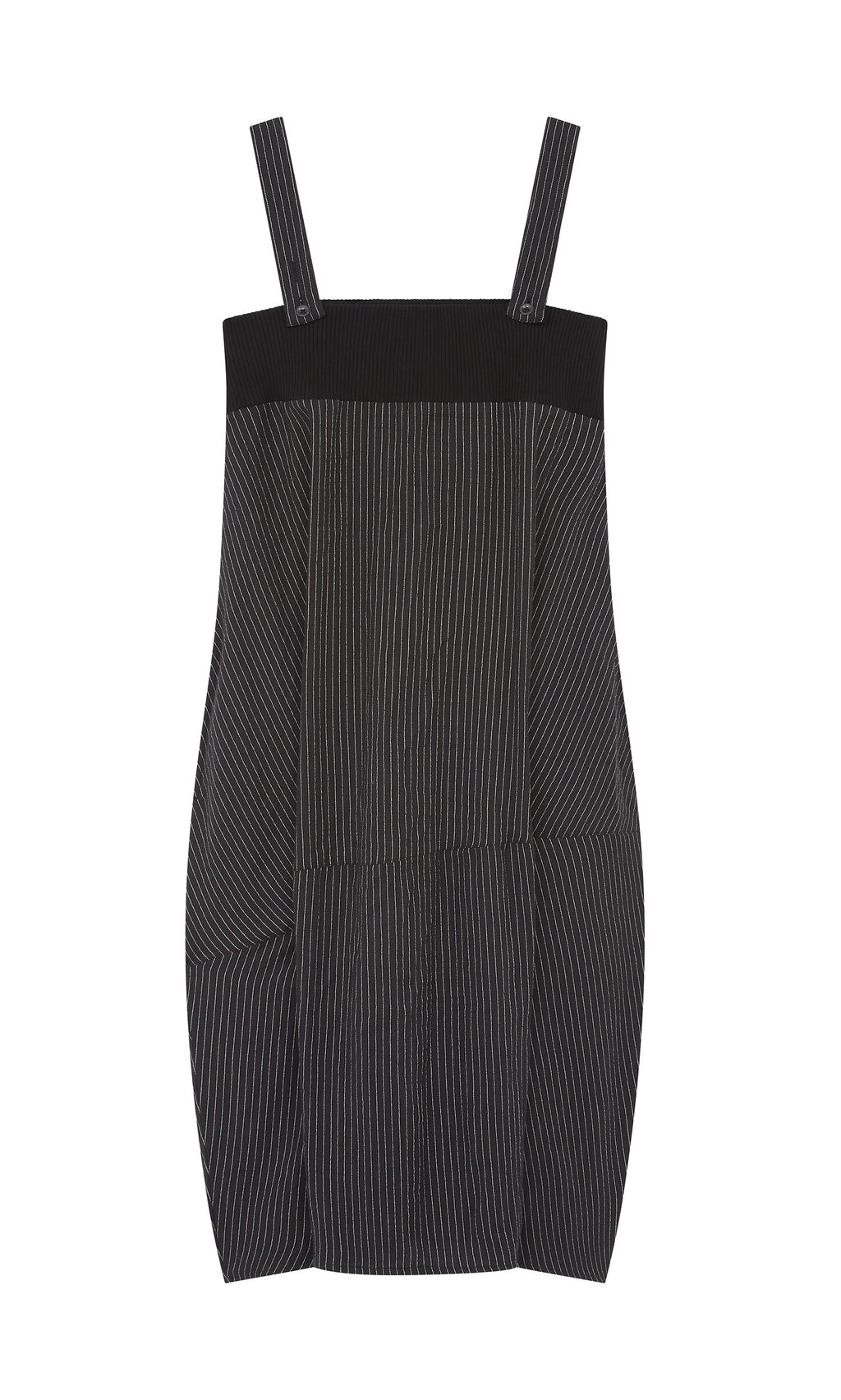 Plümo  Pinstripe Dungaree Dress with wide adjustable straps and a loose, slightly flared silhouette, laid flat.