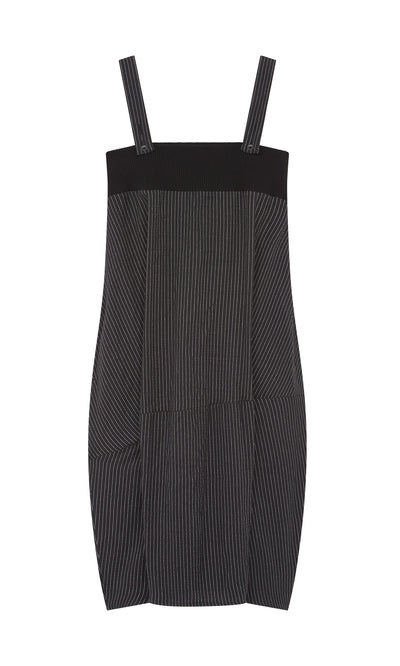 Plümo  Pinstripe Dungaree Dress with wide adjustable straps and a loose, slightly flared silhouette, laid flat.
