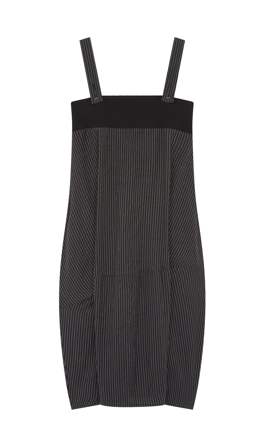 Plümo  Pinstripe Dungaree Dress with wide adjustable straps and a loose, slightly flared silhouette, laid flat.