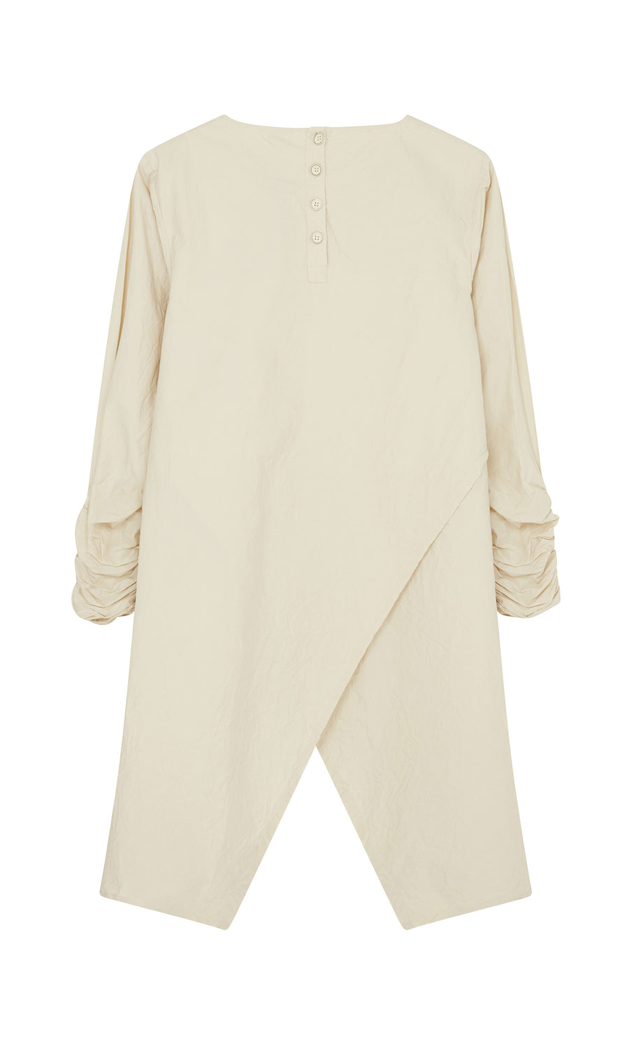 Plümo  Clementine Blouse: Beige long-sleeve with ruched sleeves, buttoned back, and asymmetrical overlapping hem.