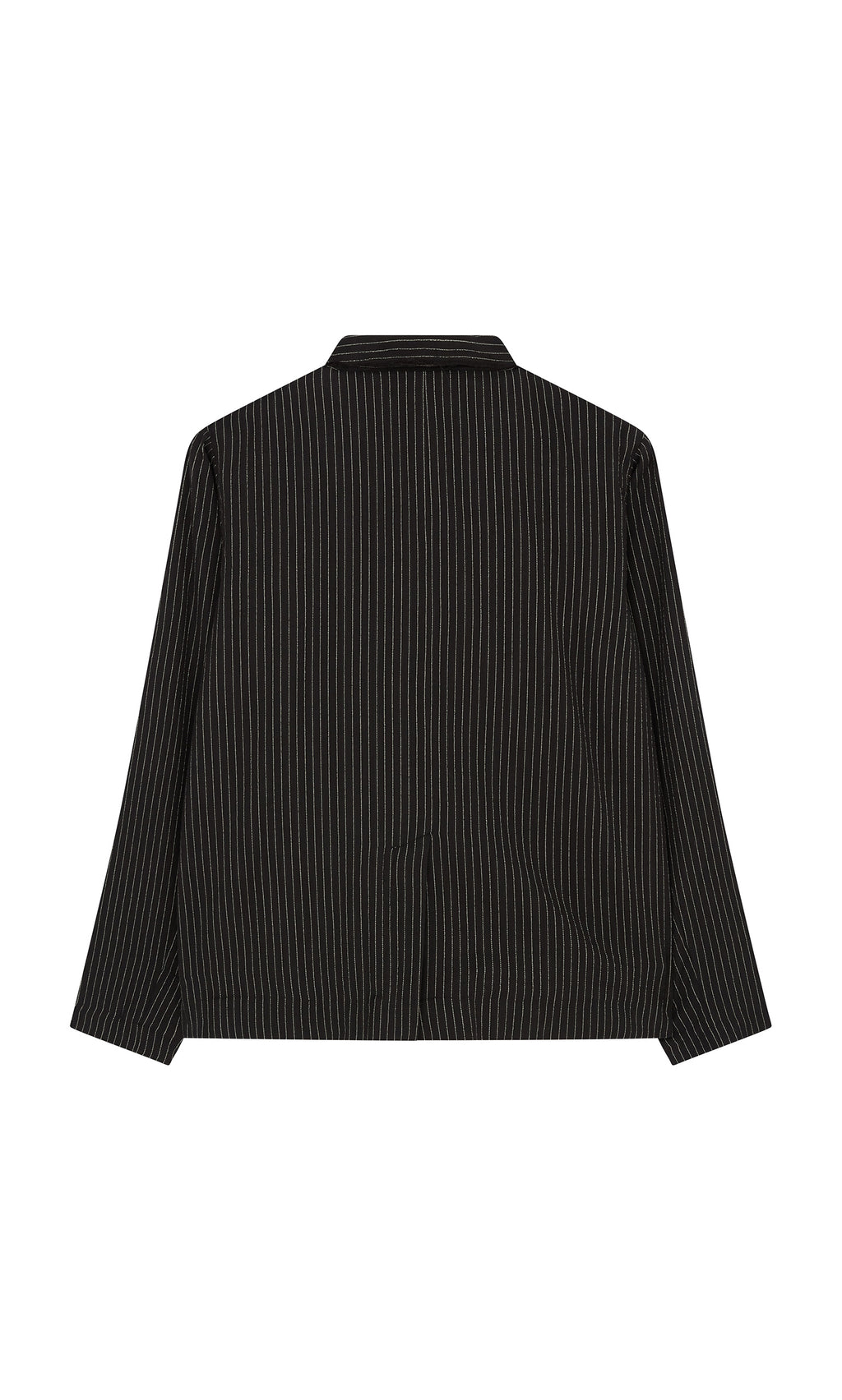 Plümo  Back view of the Pinstripe Jacket—black organic cotton with thin white stripes—shown on a white background.