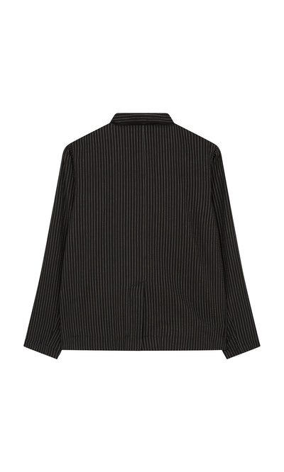 Plümo  Back view of the Pinstripe Jacket—black organic cotton with thin white stripes—shown on a white background.