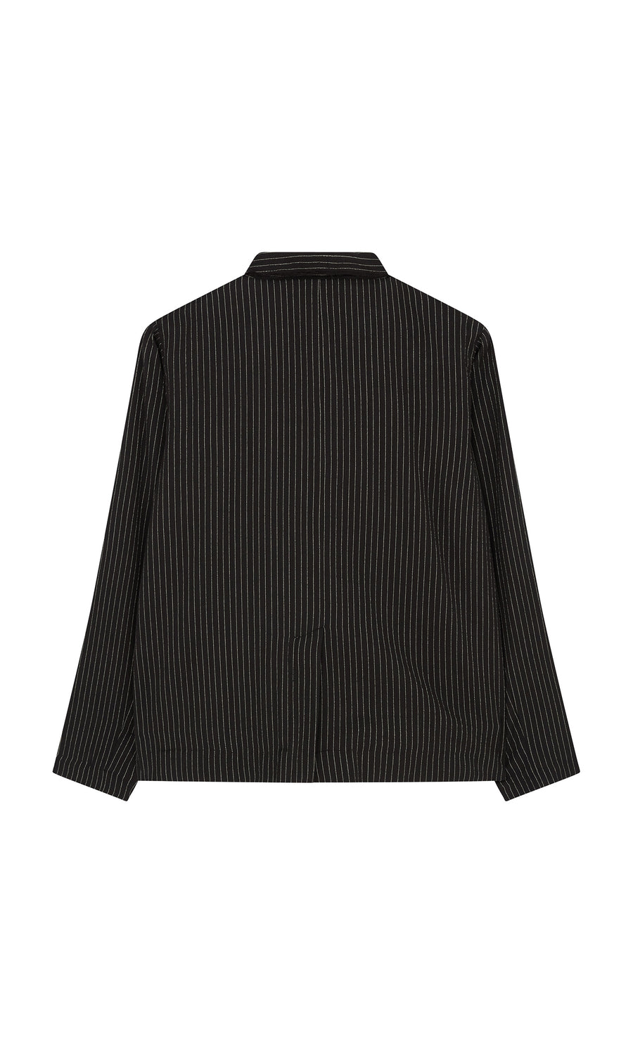 Plümo  Back view of the Pinstripe Jacket—black organic cotton with thin white stripes—shown on a white background.