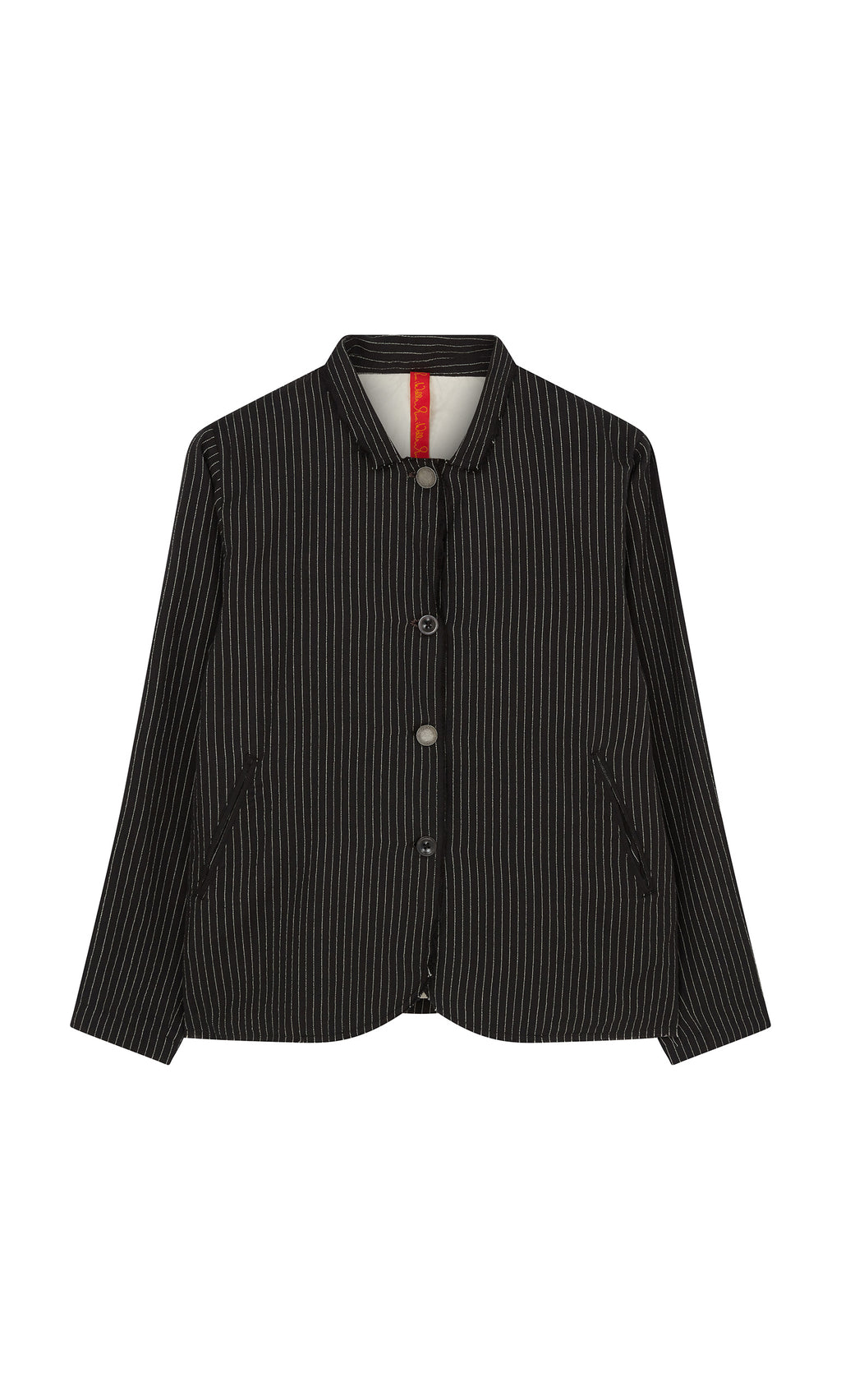 Plümo  Pinstripe Jacket featuring artisanal buttons, mandarin collar, and slanted side pockets on a white background.