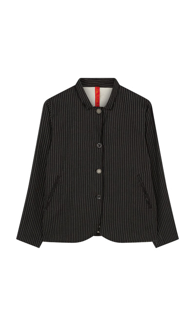 Plümo  Pinstripe Jacket featuring artisanal buttons, mandarin collar, and slanted side pockets on a white background.