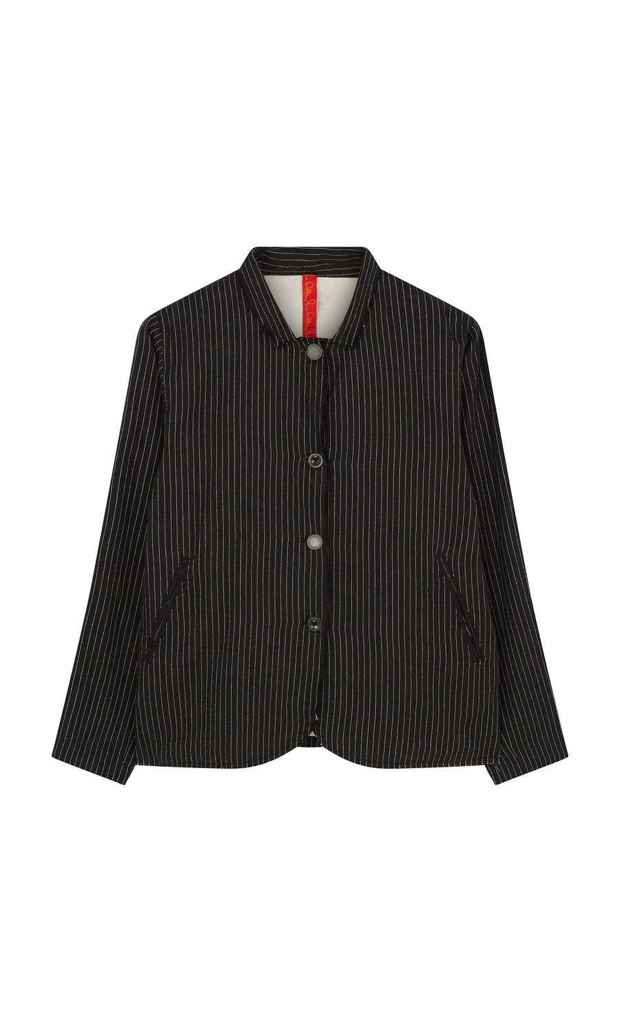 Plümo  Pinstripe Jacket featuring artisanal buttons, mandarin collar, and slanted side pockets on a white background.