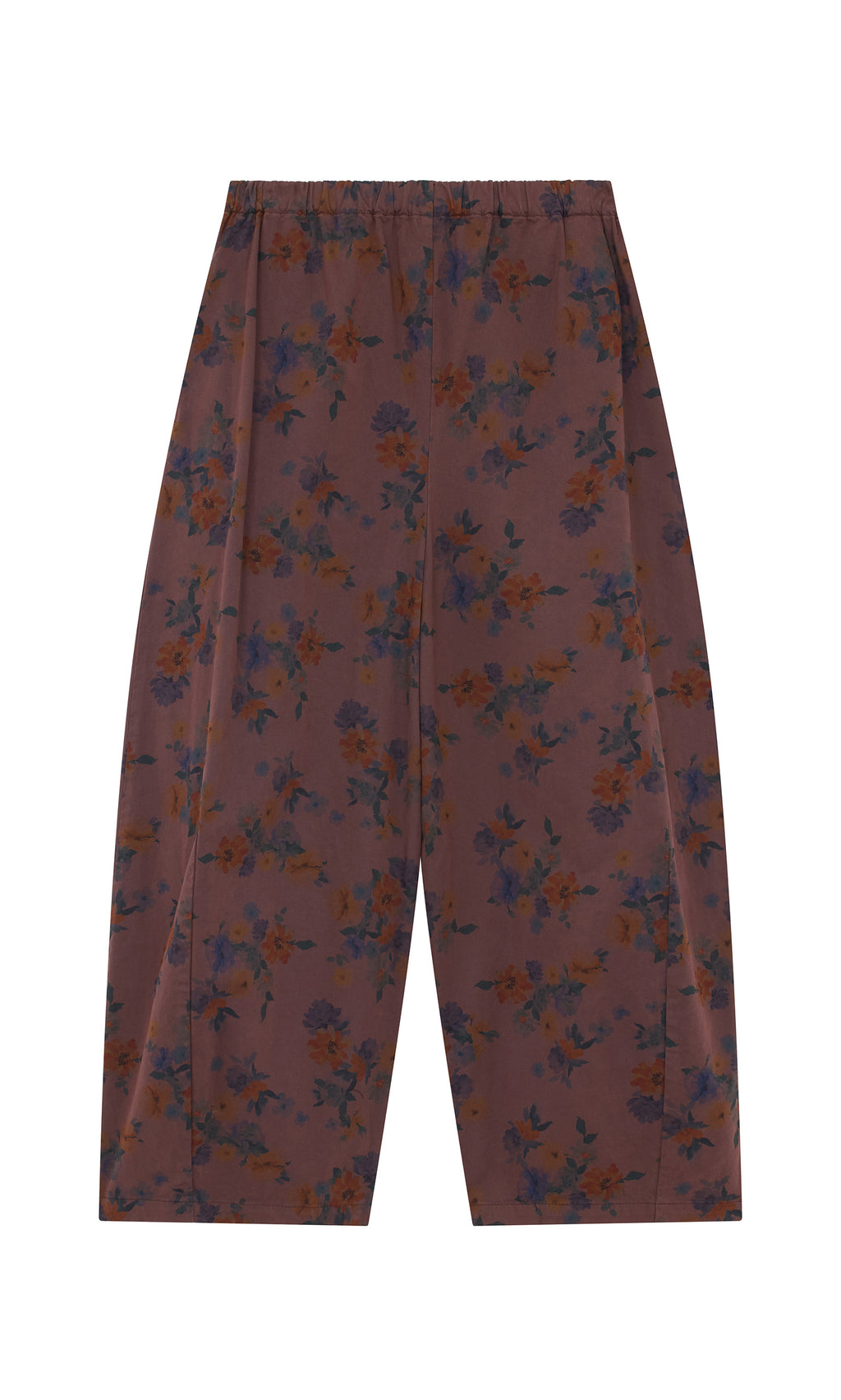 Plümo  Espel Pants: barrel-leg, brown cotton with blue-orange-yellow floral print, shown flat on a white surface.