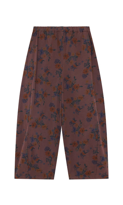 Plümo  Espel Pants: barrel-leg, brown cotton with blue-orange-yellow floral print, shown flat on a white surface.