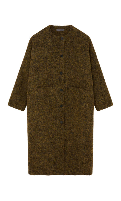 Plümo  Borage Coat: brown, long-line wool, collarless with black buttons and patch pockets, shown flat on a white background.