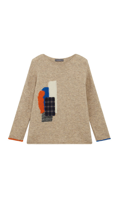 Plümo  Penrose Jumper: Beige long-sleeve top with abstract colored patchwork on front and cuffs.