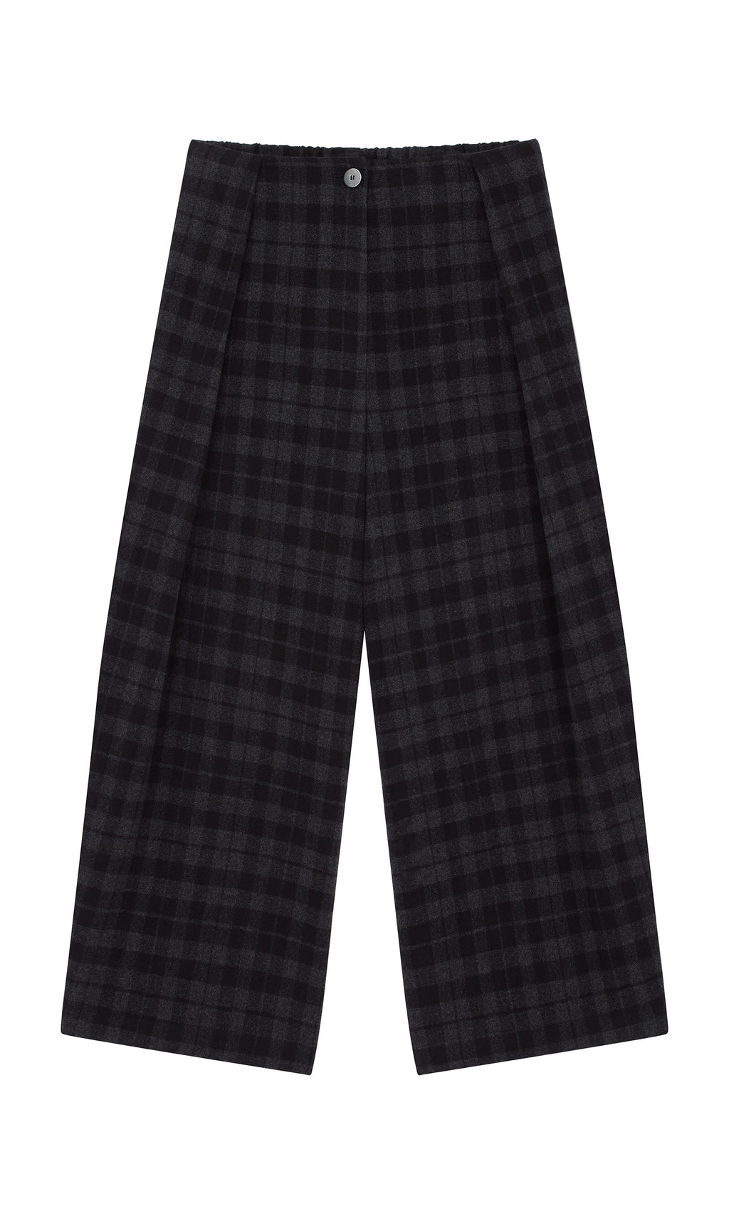 Plümo  Tartan Flannel Pants in black and dark gray plaid with button closure, wide-leg style, shown flat on a white background.