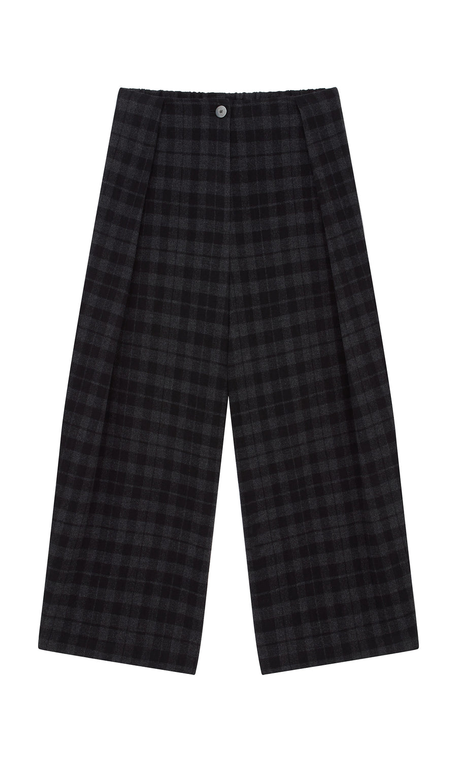 Plümo  Tartan Flannel Pants in black and dark gray plaid with button closure, wide-leg style, shown flat on a white background.