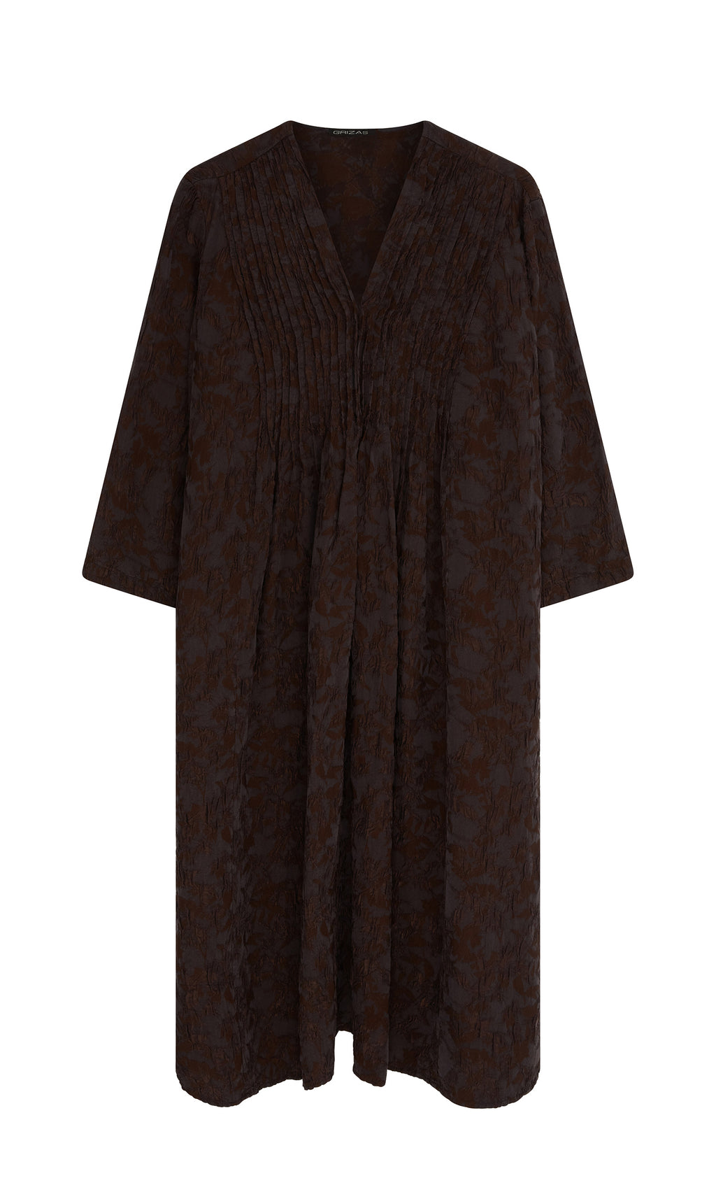 Plümo  Loose knee-length Mullion Dress in blackish grey with 3/4 sleeves, V-neck, and subtle textured patterns.
