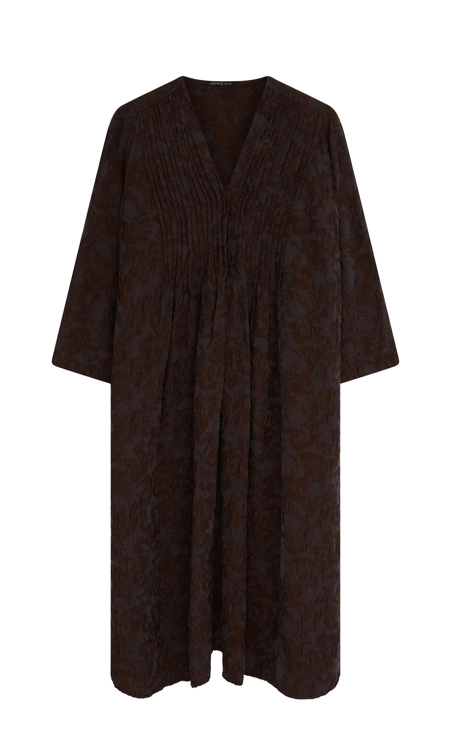 Plümo  Loose knee-length Mullion Dress in blackish grey with 3/4 sleeves, V-neck, and subtle textured patterns.
