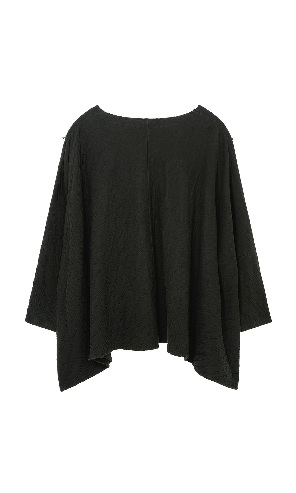 Plümo  Isaac Top: Loose black textured top with wide slash neckline and asymmetrical hem on a plain background.