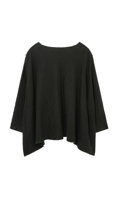 Plümo  Isaac Top: Loose black textured top with wide slash neckline and asymmetrical hem on a plain background.