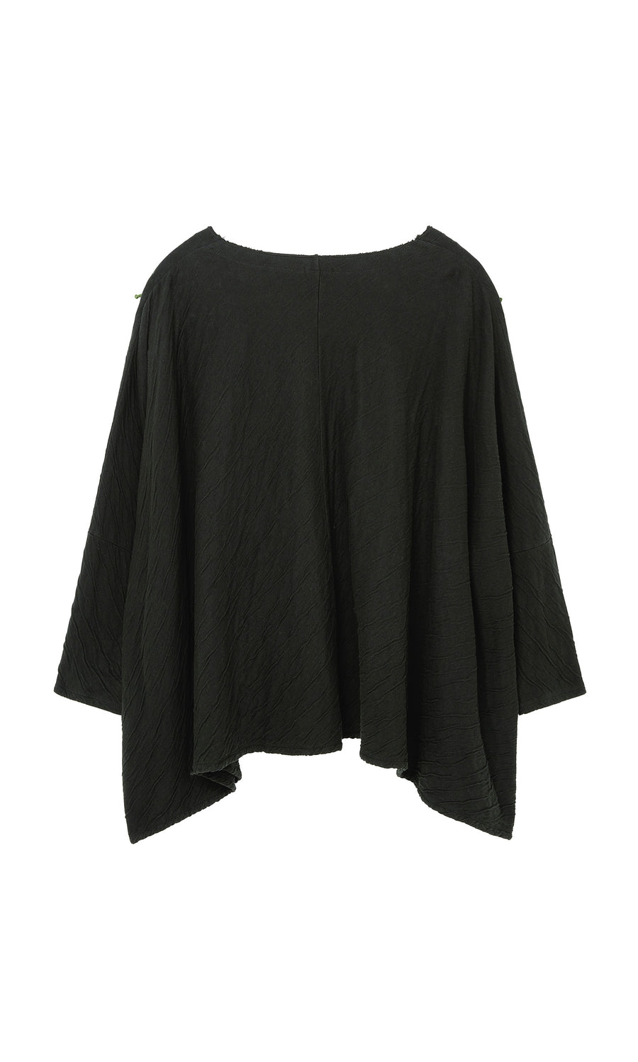 Plümo  Isaac Top: Loose black textured top with wide slash neckline and asymmetrical hem on a plain background.