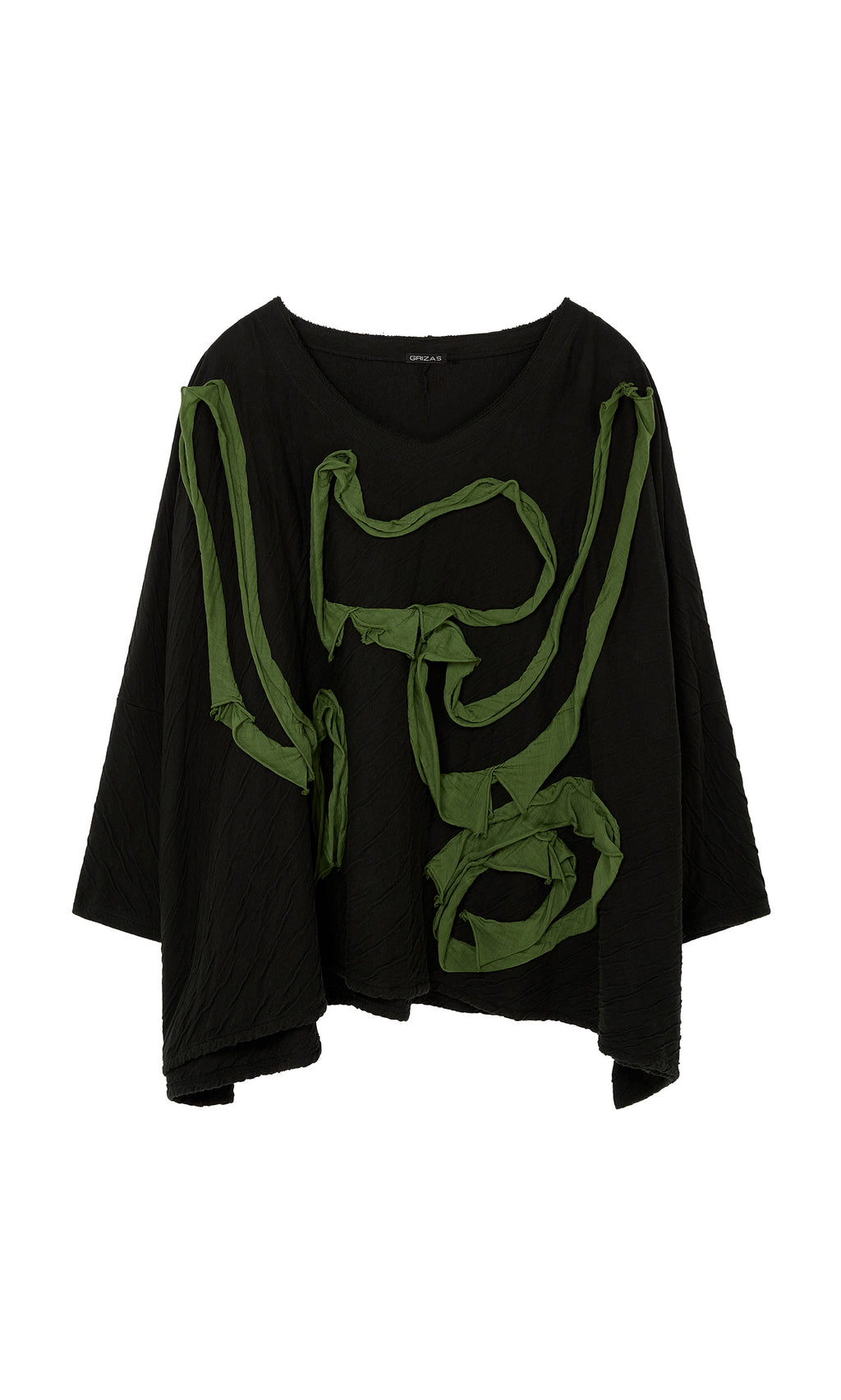 Plümo  Isaac Top: Black loose-fit top with slash neckline and asymmetrical green abstract design on the front.