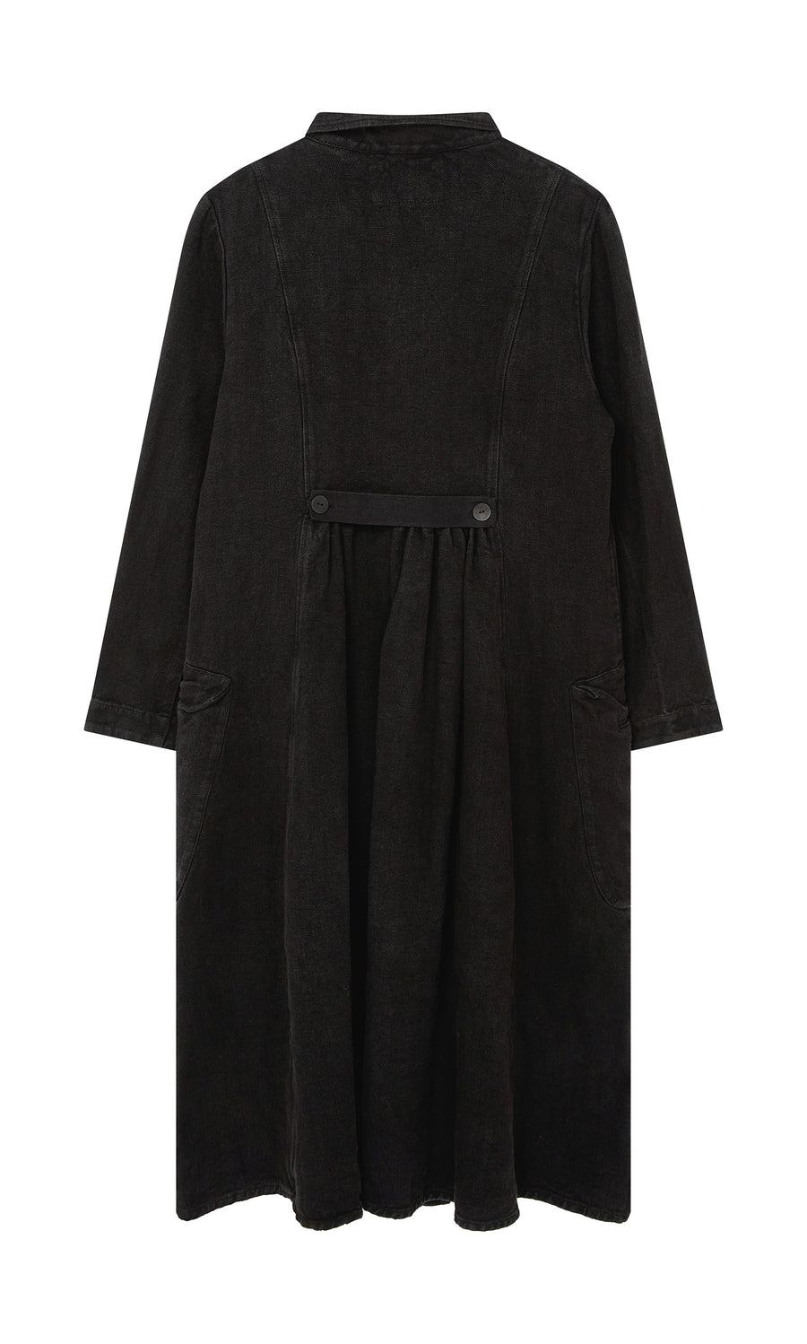 Plümo  The Fowey Coat: a long black corduroy vintage-style coat with front pockets and buttoned waist, shown from the back.