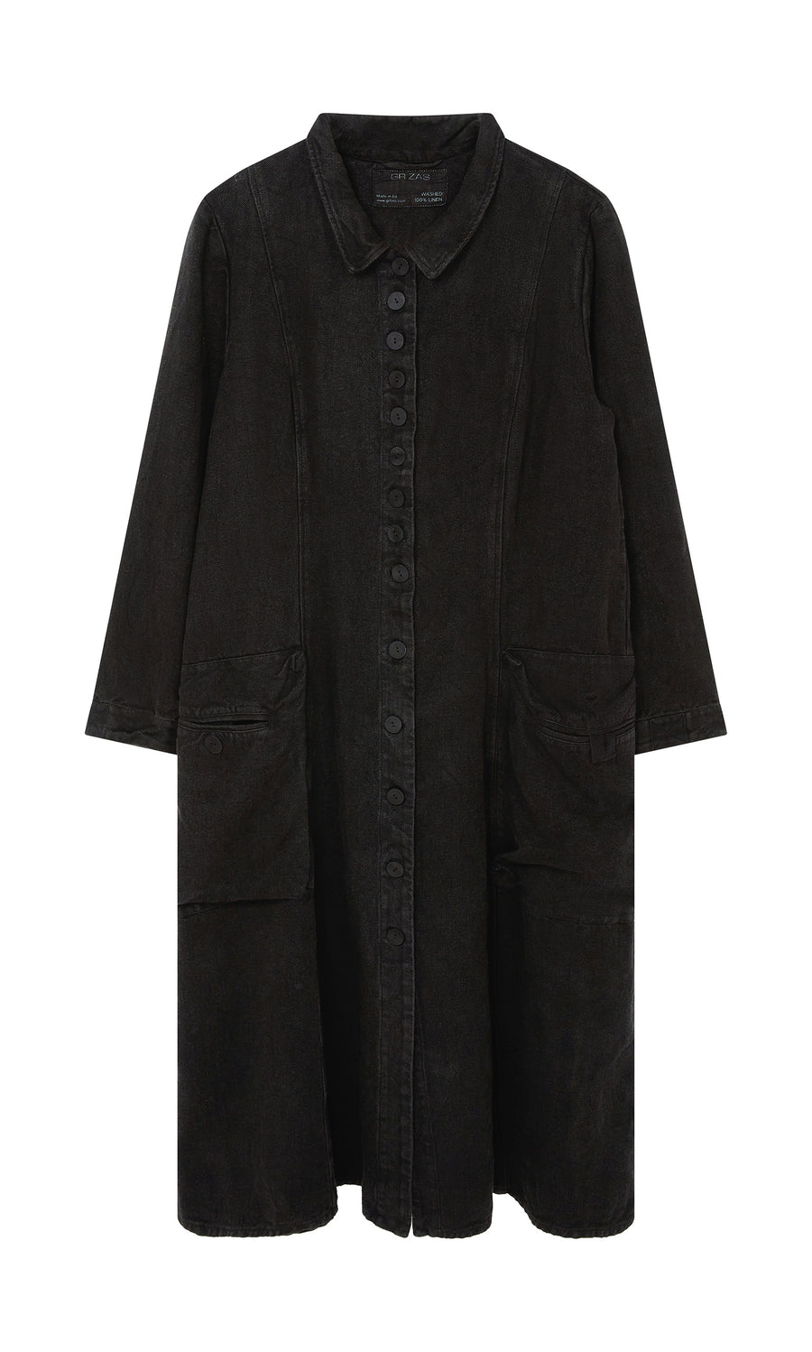 Plümo  Fowey Coat: black linen, relaxed fit with spread collar and large pockets, shown on white background.