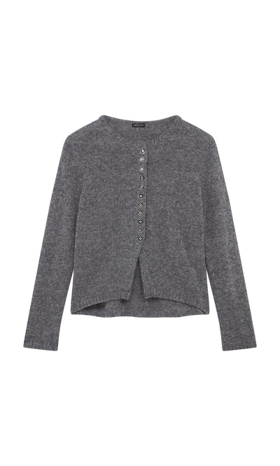 Plümo  The Mawgan Cardigan: lightweight grey yarn, enameled shell buttons, and a center front slit near the hem.