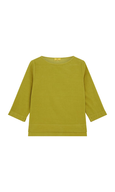 Plümo  Moss Top - Corduroy: moss green, long-sleeve, crew neck, relaxed fit, shown flat on a white background.