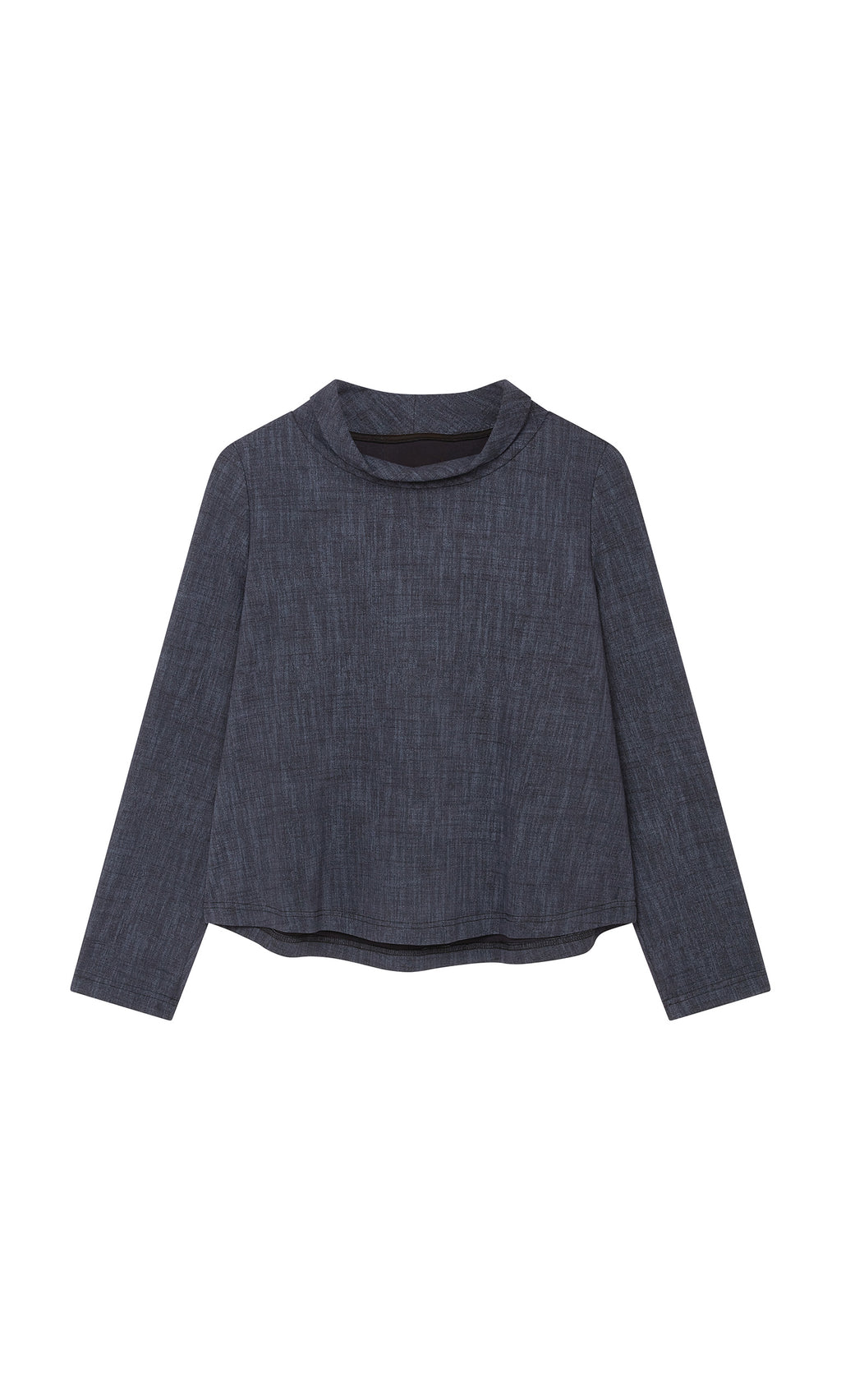 Plümo  Navy Cowl Blouse with long sleeves, high neck, subtle texture, and modern scoop hem, laid flat on white.