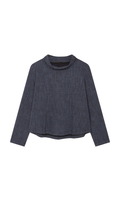 Plümo  Navy Cowl Blouse with long sleeves, high neck, subtle texture, and modern scoop hem, laid flat on white.
