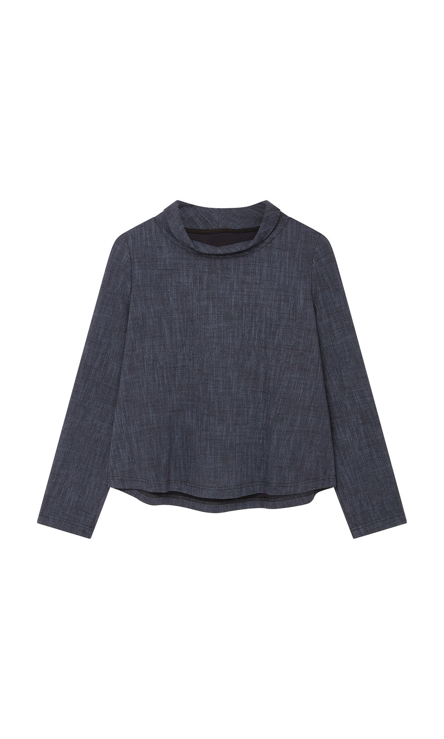 Plümo  Navy Cowl Blouse with long sleeves, high neck, subtle texture, and modern scoop hem, laid flat on white.