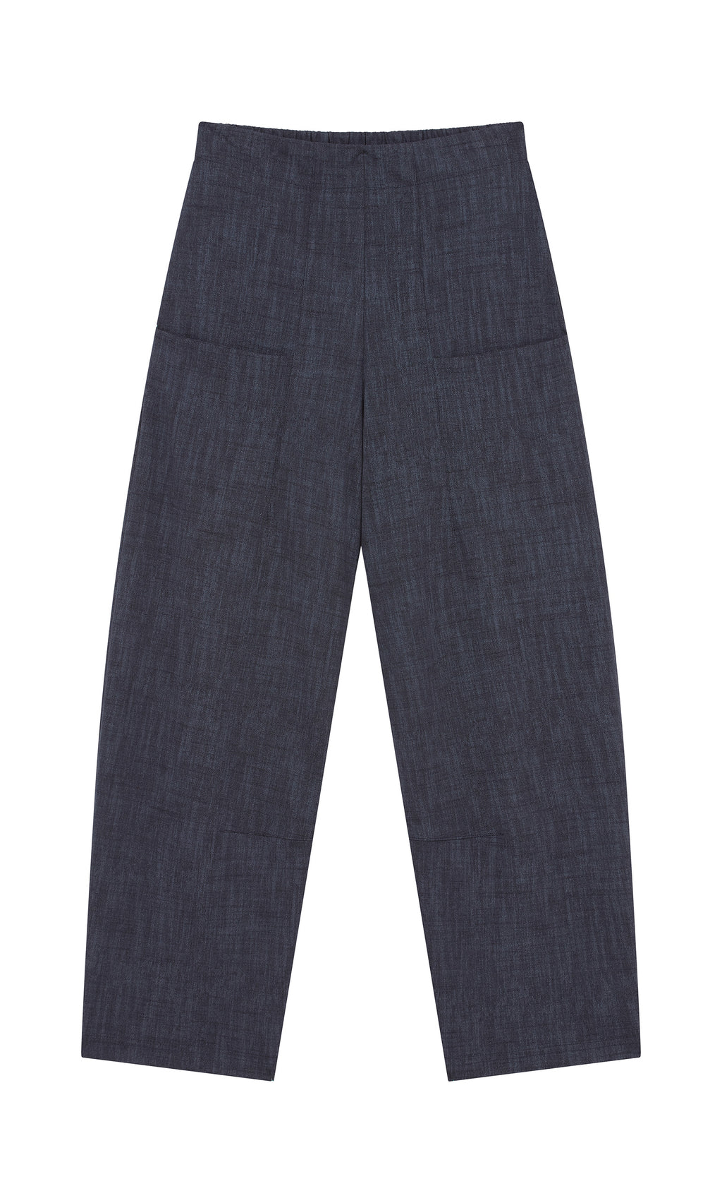 Plümo  Stanner Pants: wide-leg indigo denim with comfy fit, shown flat on white to display front and straight cut.