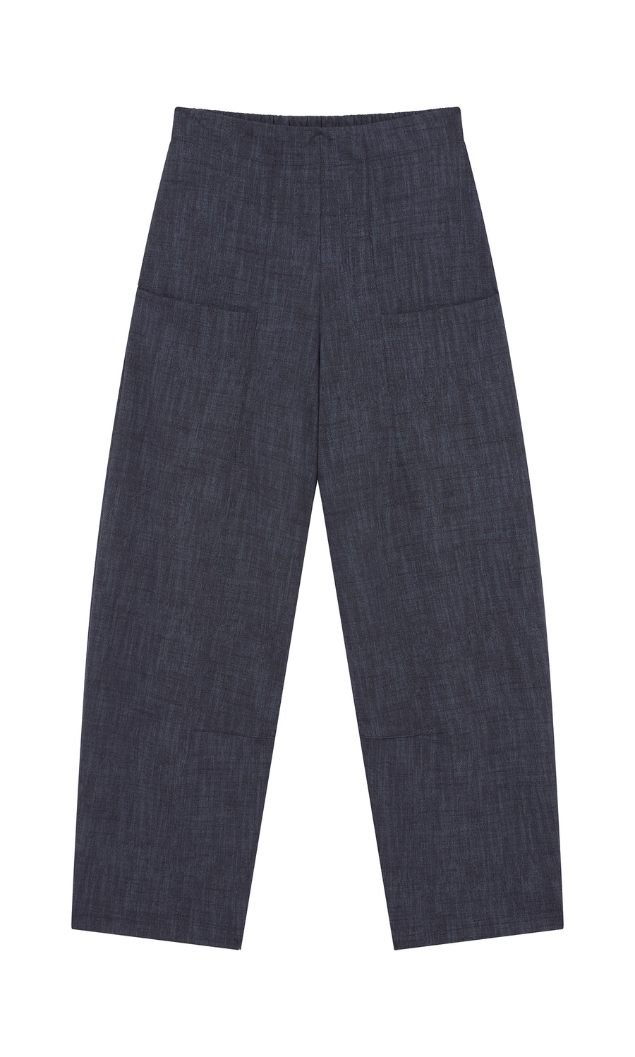 Plümo  Stanner Pants: wide-leg indigo denim with comfy fit, shown flat on white to display front and straight cut.