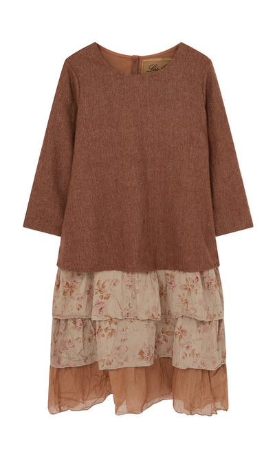 Plümo  Tweedy Dress: Brown long-sleeve top, floral ruffle skirt, crafted with care and fairtrade production.