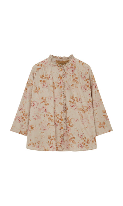Plümo  Wild Flower Blouse: Beige vintage floral top with pink print, ruffled collar, front buttons. Ethically made.