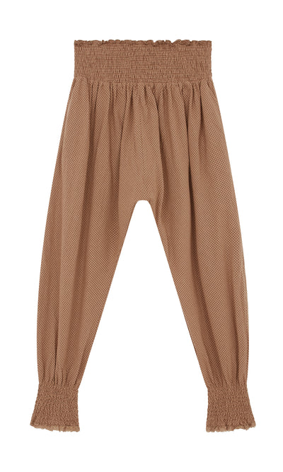 Plümo  Vichy Pantaloons: Brown vichy check, smocked waist/cuffs, fairtrade cotton, shown on white background.