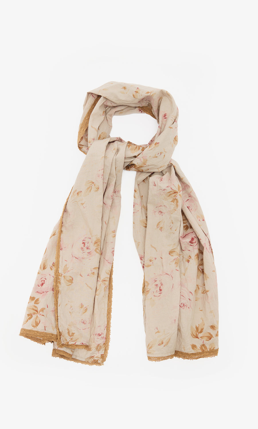 Plümo  Dawn Scarf: light beige crinkly cotton with vintage floral print and brown lace-trimmed edge, laid flat.