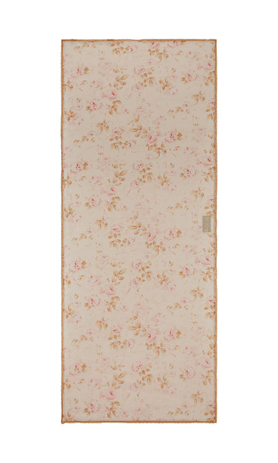 Plümo  Dawn Scarf in pale pink and beige with a vintage floral print and thin, decorative border.