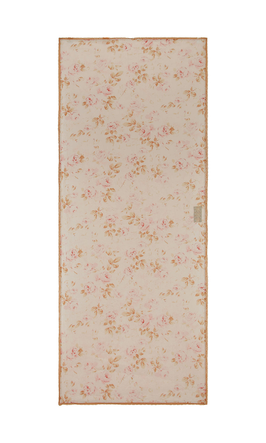 Plümo  Dawn Scarf in pale pink and beige with a vintage floral print and thin, decorative border.